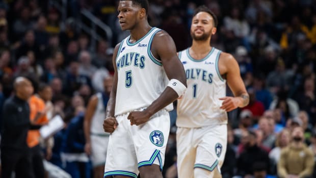Mar 7, 2024; Indianapolis, Indiana, USA; Minnesota Timberwolves guard Anthony Edwards (5) celebrates a made shot during the second half against the Indiana Pacers at Gainbridge Fieldhouse.